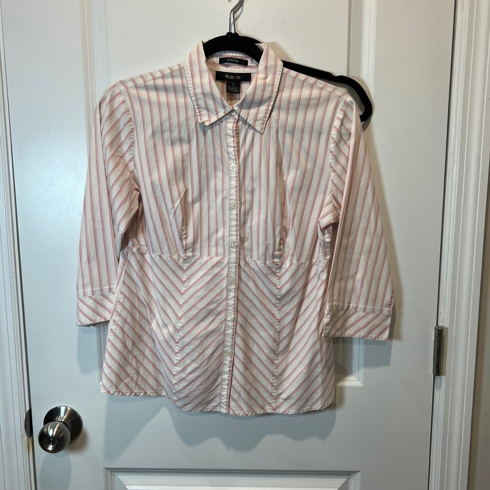Style & Co Womens Button Down Shirt Stretch Striped White Pink 10